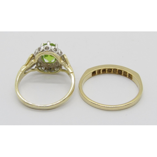 375 - Antique style 9ct peridot and diamond cluster dress ring, maker 'CJ', Birmingham, 3g and a 14ct chan... 