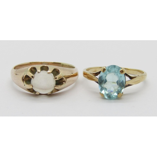 376 - Edwardian style claw set moonstone ring, size P, 4g and a 1970s 9ct blue glass dress ring, size N/O,... 