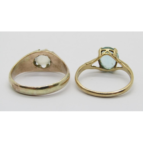 376 - Edwardian style claw set moonstone ring, size P, 4g and a 1970s 9ct blue glass dress ring, size N/O,... 