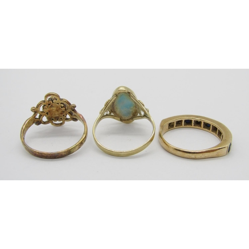 378 - Three gold rings comprising a 14k oval cabochon larimar example, an openwork 9ct turquoise example a... 