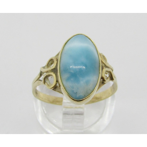 378 - Three gold rings comprising a 14k oval cabochon larimar example, an openwork 9ct turquoise example a... 