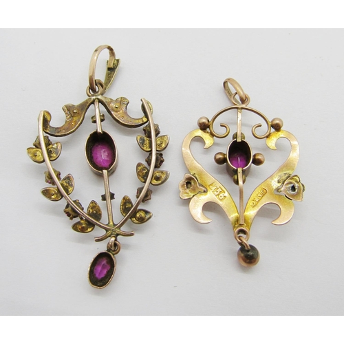 382 - Two Edwardian 9ct pendants; a garnet and seed pearl example with laurel garland frame, maker 'H&W' a... 