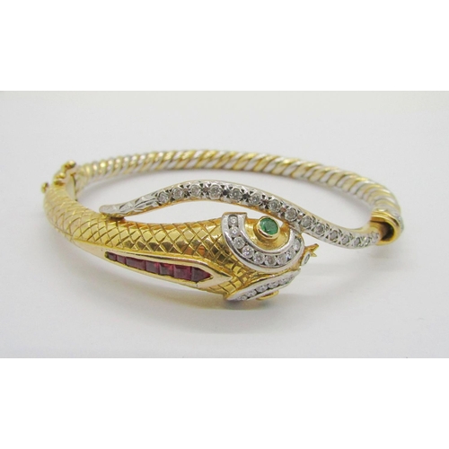 386 - Good quality novelty 9ct bi-colour hinged snake bangle, multi gem set with diamonds, emerald eyes an... 