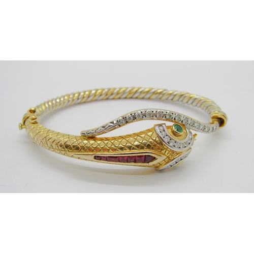 386 - Good quality novelty 9ct bi-colour hinged snake bangle, multi gem set with diamonds, emerald eyes an... 