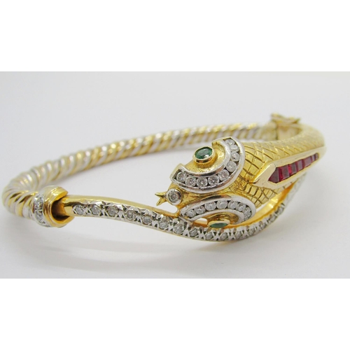 386 - Good quality novelty 9ct bi-colour hinged snake bangle, multi gem set with diamonds, emerald eyes an... 