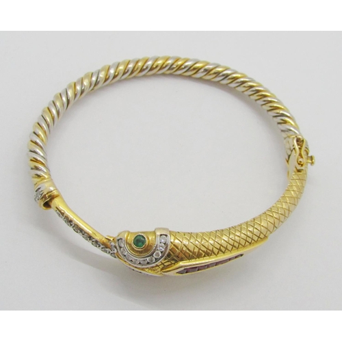 386 - Good quality novelty 9ct bi-colour hinged snake bangle, multi gem set with diamonds, emerald eyes an... 