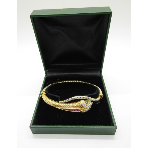 386 - Good quality novelty 9ct bi-colour hinged snake bangle, multi gem set with diamonds, emerald eyes an... 