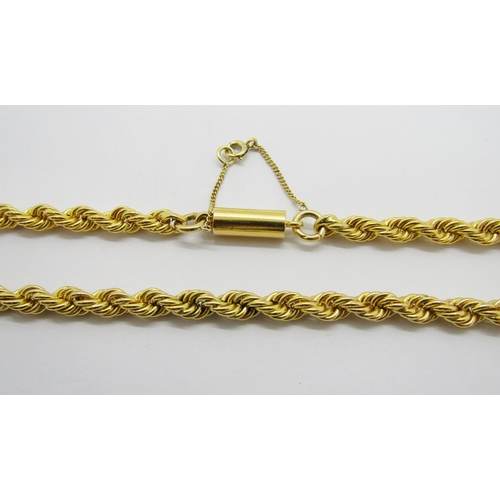 387 - Good quality yellow metal rope twist chain necklace with barrel clasp, indistinctly stamped, possibl... 