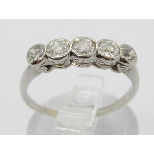 391 - Platinum bezel set old-cut diamond five stone ring, size M/N, 3.5g