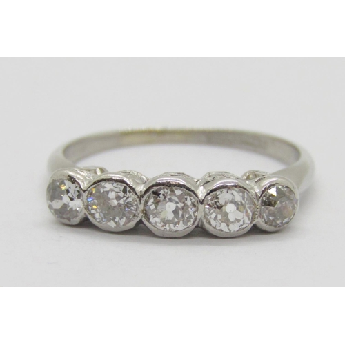 391 - Platinum bezel set old-cut diamond five stone ring, size M/N, 3.5g