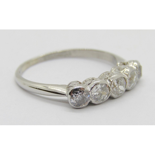 391 - Platinum bezel set old-cut diamond five stone ring, size M/N, 3.5g