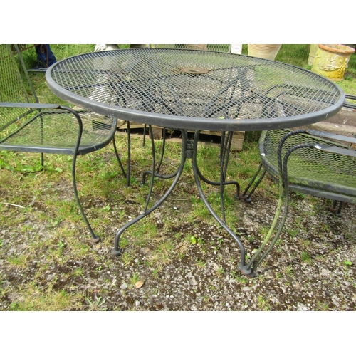 1059 - A weathered mat coated  steel garden terrace table with circular lattice/mesh panelled top, 107 cm d... 