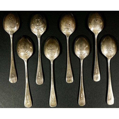 259 - A cased set of eight silver “Emblematic Teaspoons of the 18th Century”, each spoon a reproduction of... 