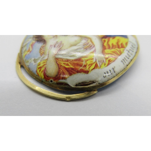 393 - Antique enamelled yellow metal slide depicting a romantic couple, remains of 'L'amour mutuel' to bot... 