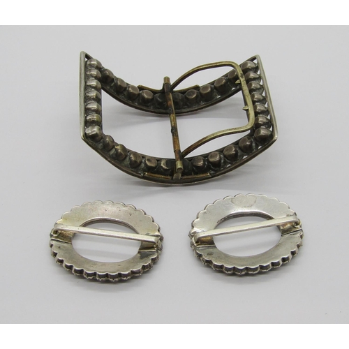 423 - 19th century black dot paste buckle together with a further pair of white metal paste shoe buckles (... 