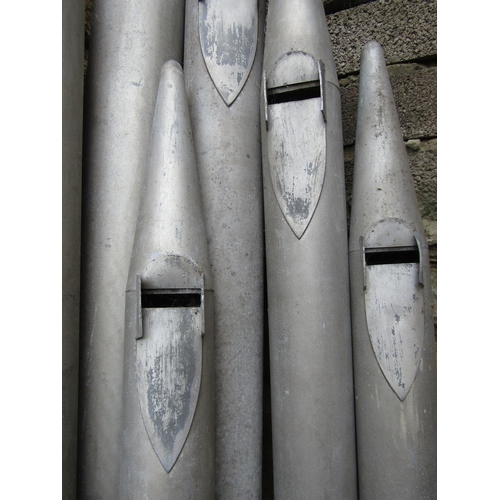 1170 - Seven reclaimed zinc organ pipes of graduated size the tallest 255 cm, smallest example 180 cm