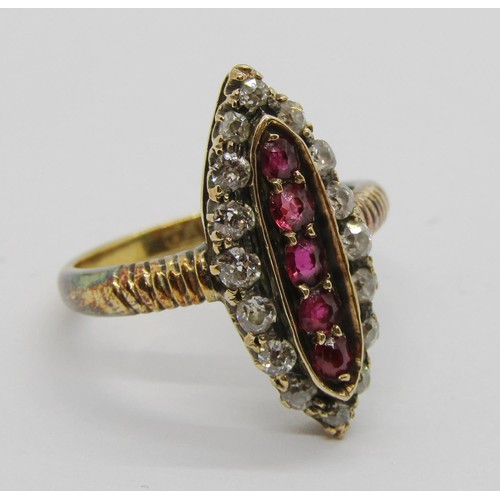 425B - Antique 18ct spinel and diamond marquise cluster ring, maker 'JM.ML', size M, 4.2g