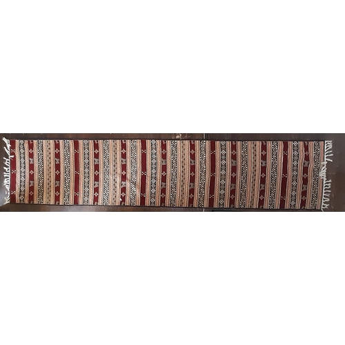 816 - Nepalese crewel work runner of colourful striped  design, backed with cotton fabric, 75x360cm approx