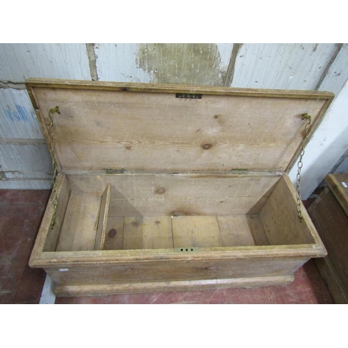 1682 - A vintage stripped pine box with hinged lid, drop side carrying handles and exposed dovetail constru... 