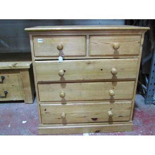 1710 - A small pale pine chest of two short over three long drawers, with turned handles, 92cm high, 86 x 4... 