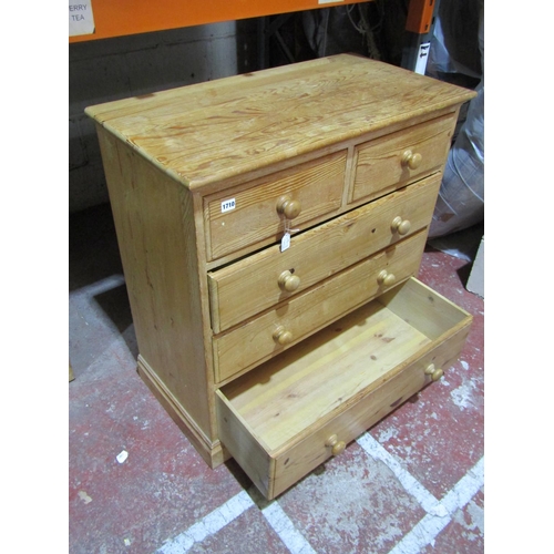 1710 - A small pale pine chest of two short over three long drawers, with turned handles, 92cm high, 86 x 4... 