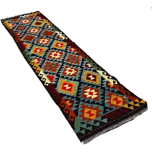 1799 - A Maimana Kilim runner with stepped multicoloured diamond medallions   286 x 76cm