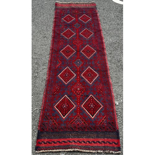 1765 - A Meshwani runner with red and blue all over diamond pattern   251 x 61 cm