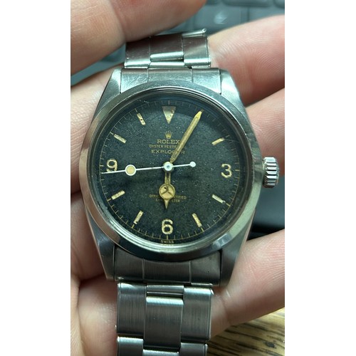 Royal Air Force Provenance / Interest. Rolex, a gentleman’s Oyster Perpetual Explorer wristwatch, ref. 6610 (c1957) serial number: 268190.

Tropical dial, seemingly original throughout (likely with later glass) with baton and quarterly Arabic numerals and original polished stainless steel strap

Owned since original purchase by Squadron Leader Gordon Candy RAF (1922 - 2006) 

Candy served throughout the Second World War in a number of squadrons, mostly mosquitos - later specialising in helicopters becoming an expert on the Belvedere, Whirlwind and Wessex. He survived at least one hairy landing with an engine on fire, becoming heavily commended ahead of his retirement in 1977 - serving his country with exemplary conduct throughout his entire working life, he passed away in 2006. 

This piece is privately consigned by direct family decent. Information regarding Candy’s life and career has been referenced from the eulogy given at his funeral by Brigadier Keith Prentice RA (Candy’s nephew)