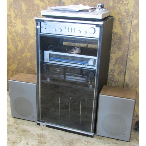 1307 - Glass fronted hifi cabinet (space to store vinyl) together with component parts: Technics turntable,... 