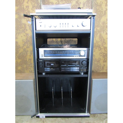 1307 - Glass fronted hifi cabinet (space to store vinyl) together with component parts: Technics turntable,... 