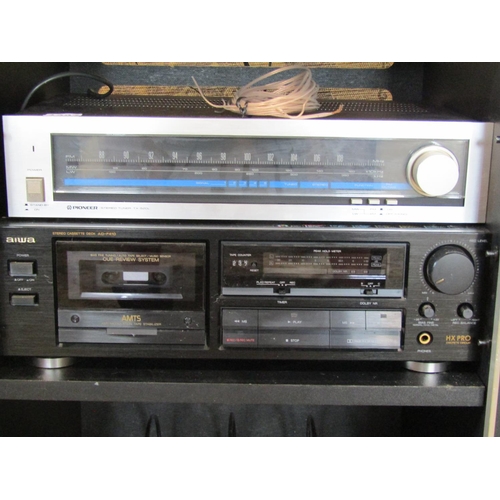 1307 - Glass fronted hifi cabinet (space to store vinyl) together with component parts: Technics turntable,... 