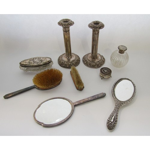 268 - A collection of silver vanity ware including two hand mirrors, hair brush, clothes brush, two glass ... 