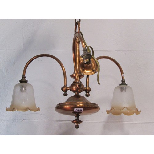 606 - Three branch copper light fitting with original shades. 54cm diam approximately