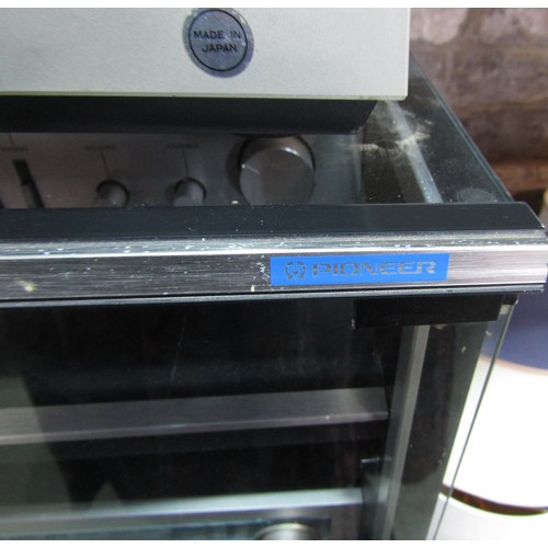 1307 - Glass fronted hifi cabinet (space to store vinyl) together with component parts: Technics turntable,... 