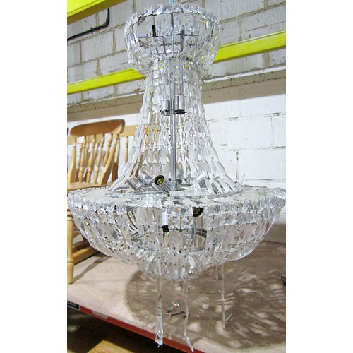 1709 - A large 20th century chromium framed ceiling chandelier / electrolier, of tapered form with hanging ... 