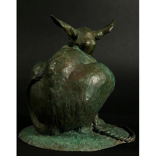 551 - A cast bronze grotesque Gothic nightmare creature tethered with a collar and rope, signed C Daniel t... 