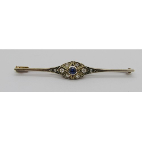 267 - Art Deco 14ct sapphire and diamond bar brooch, possibly Russian, stamped 'JVA 585 W K6', 5.8cm W app... 