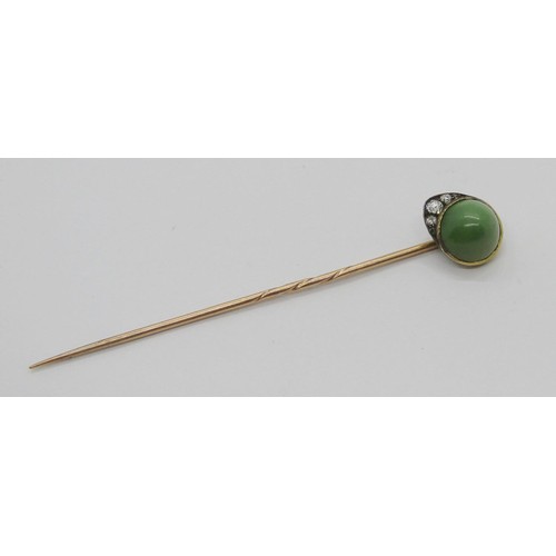 268 - Antique yellow metal jockey cap stick pin set with cabochon turquoise and three old-cut diamonds, 1.... 