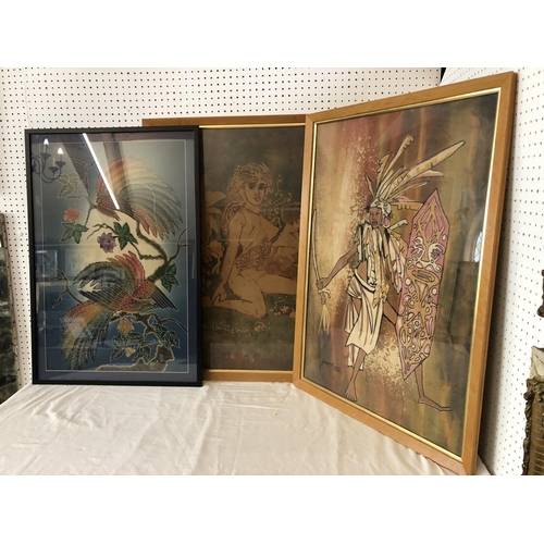 1997A - Three batik fabric prints depicting different subjects including four nymphs, a warrior with sword a... 