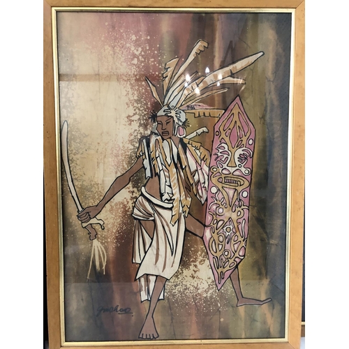 1997A - Three batik fabric prints depicting different subjects including four nymphs, a warrior with sword a... 