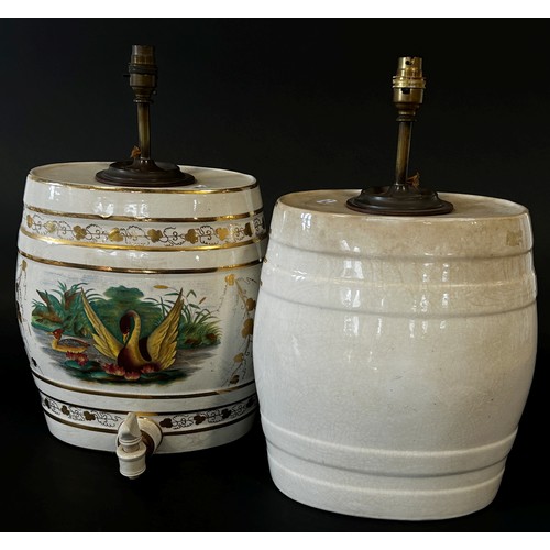 6 - A pair of decorative ceramic spirit barrels with gilt borders and painted pond side vignettes (conve... 