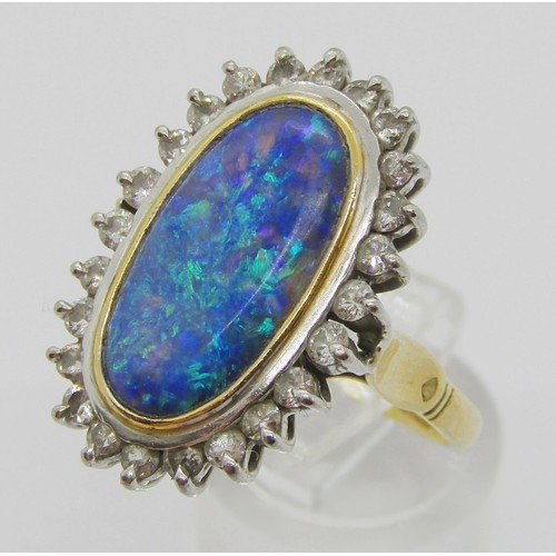 288 - Good quality 18ct oval opal and diamond cluster ring, opal 18 x 10mm approx, size R, 9.2g (see photo... 