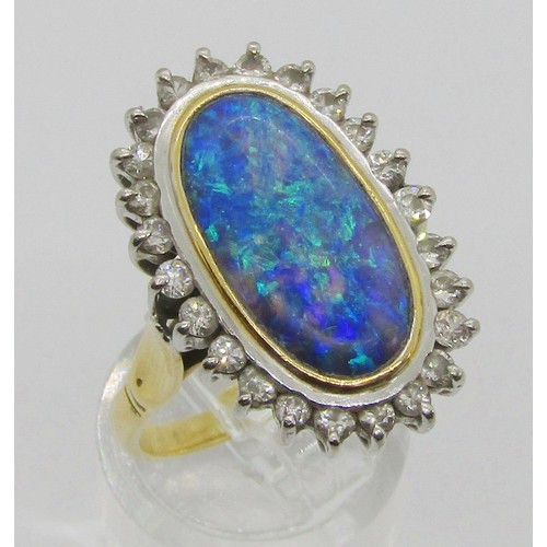 288 - Good quality 18ct oval opal and diamond cluster ring, opal 18 x 10mm approx, size R, 9.2g (see photo... 