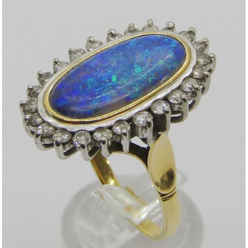 288 - Good quality 18ct oval opal and diamond cluster ring, opal 18 x 10mm approx, size R, 9.2g (see photo... 