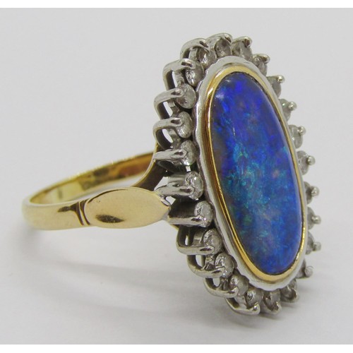 288 - Good quality 18ct oval opal and diamond cluster ring, opal 18 x 10mm approx, size R, 9.2g (see photo... 