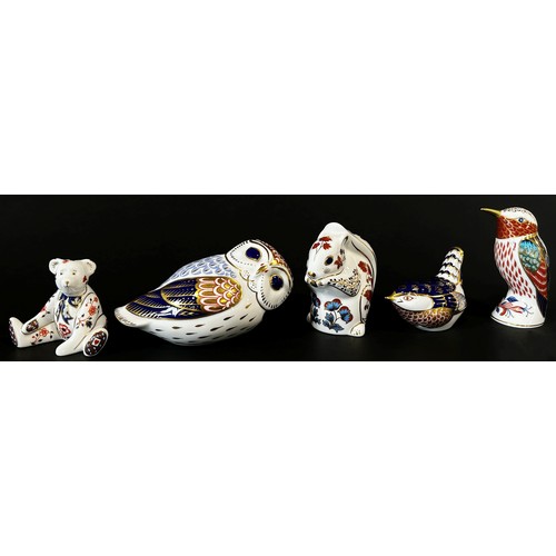 16 - A group of five Royal Crown Derby figural animal paperweights to include a large owl with silver sto... 