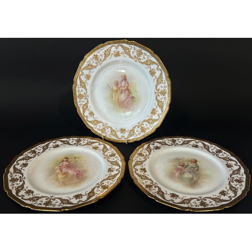 24 - Three Royal Doulton hand painted porcelain plates, each centred with figures, signed A. Dix, set wit... 