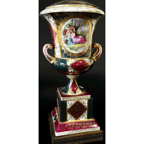 25 - A large and impressive pair of English Empire Porcelain Co twin handled urn shaped vases raised on c... 