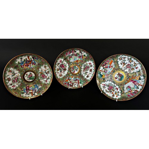 52 - Three associated Cantonese Famille Rose export porcelain plates, the largest 20 cm diameter (3)