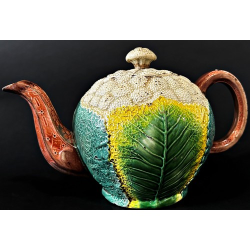 66 - A scarce 19th century Copeland Majolica teapot moulded as a cauliflower with polychrome glazed finis... 